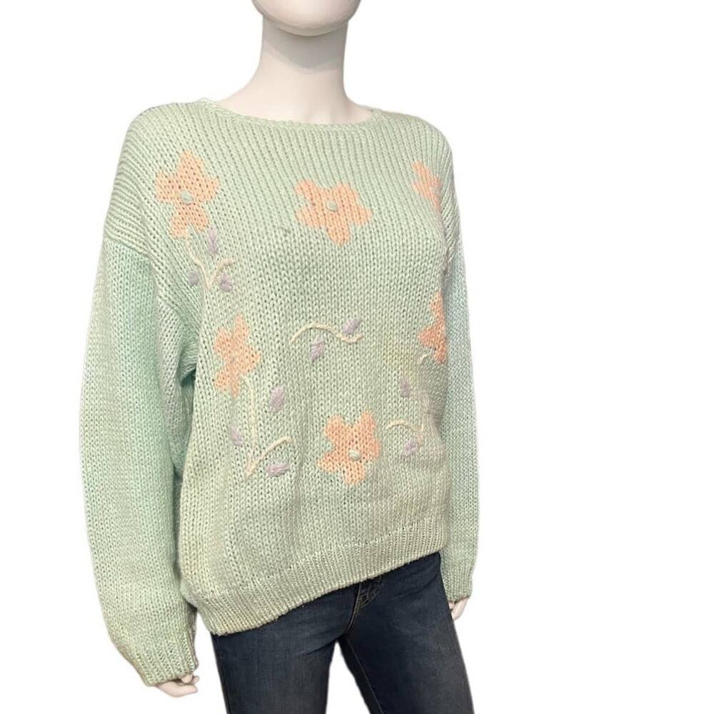 Vintage 80s Distinction Mint Pink Floral Daisy Flower Knit Sweater, L